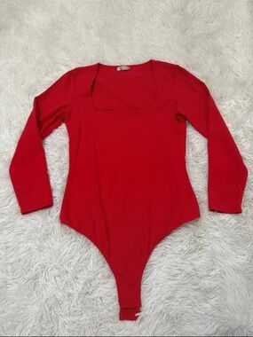 Free People Red Square Neck Long Sleeve Bodysuit